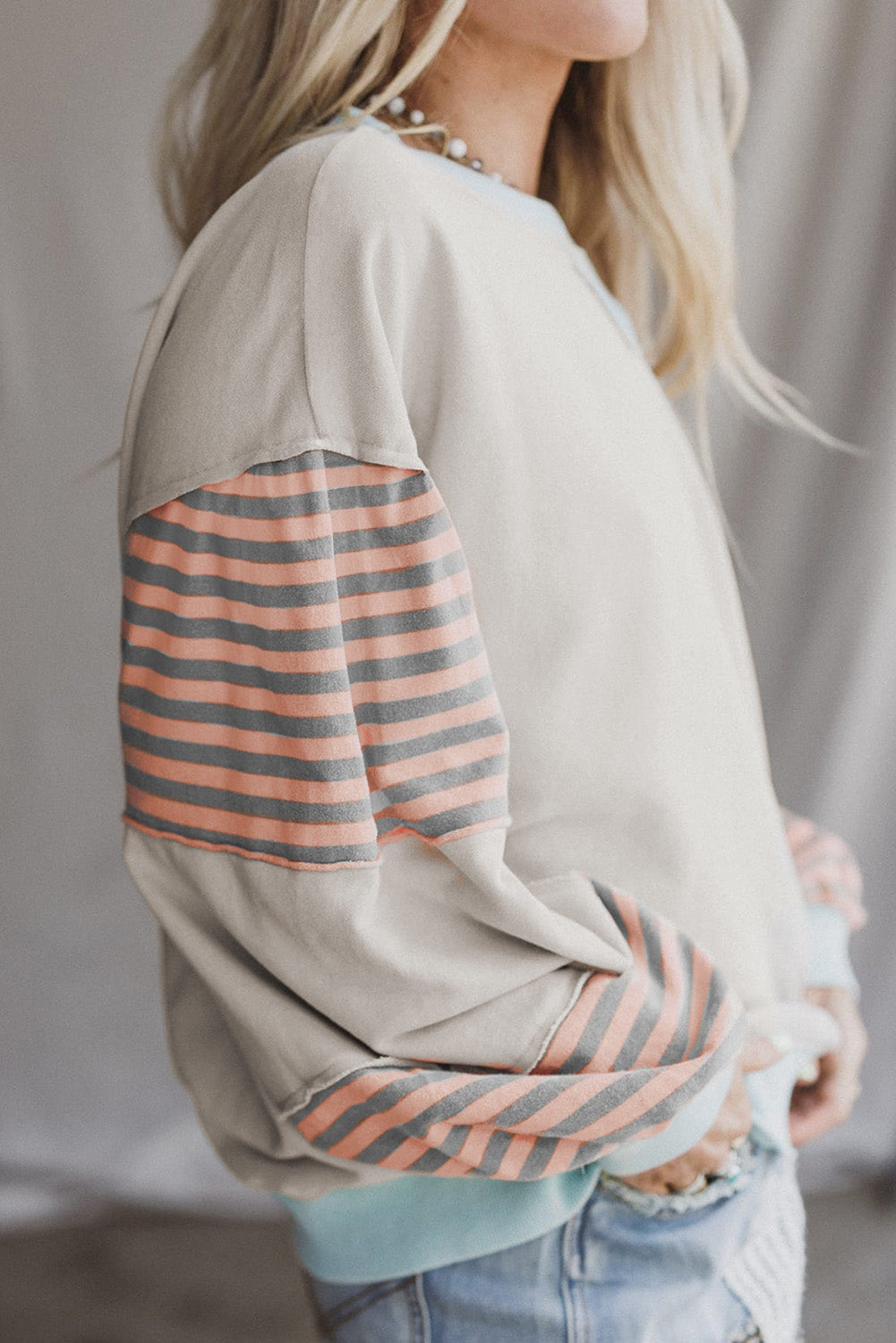 Beige Stripe Colorblock Sweatshirt LT