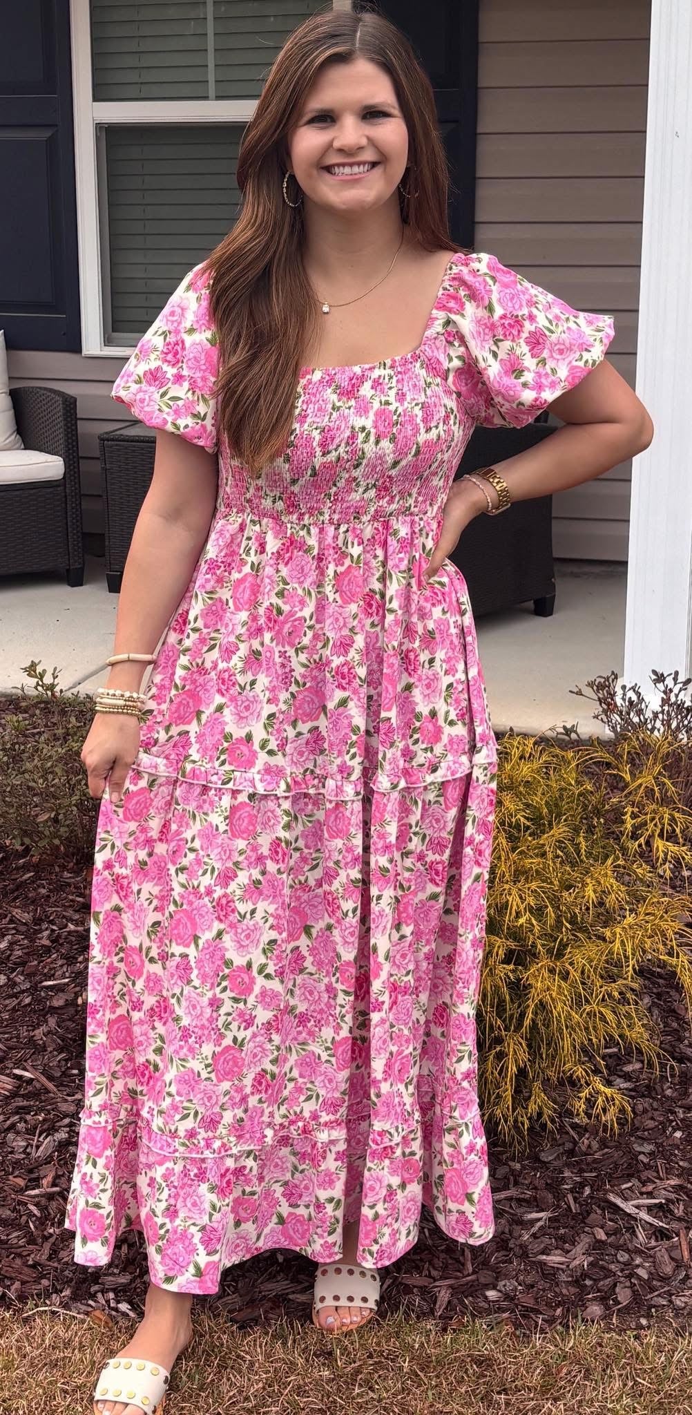 Pink Floral Puff Sleeve Maxi (Pre-Order)