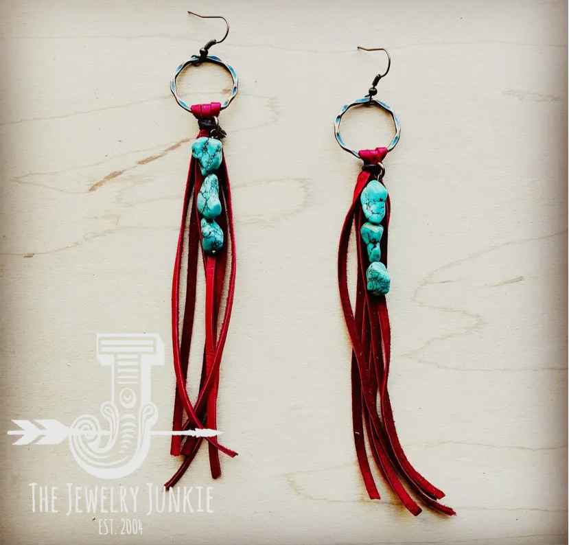 Red Leather Fringe with Turquoise chunks Earrings INS