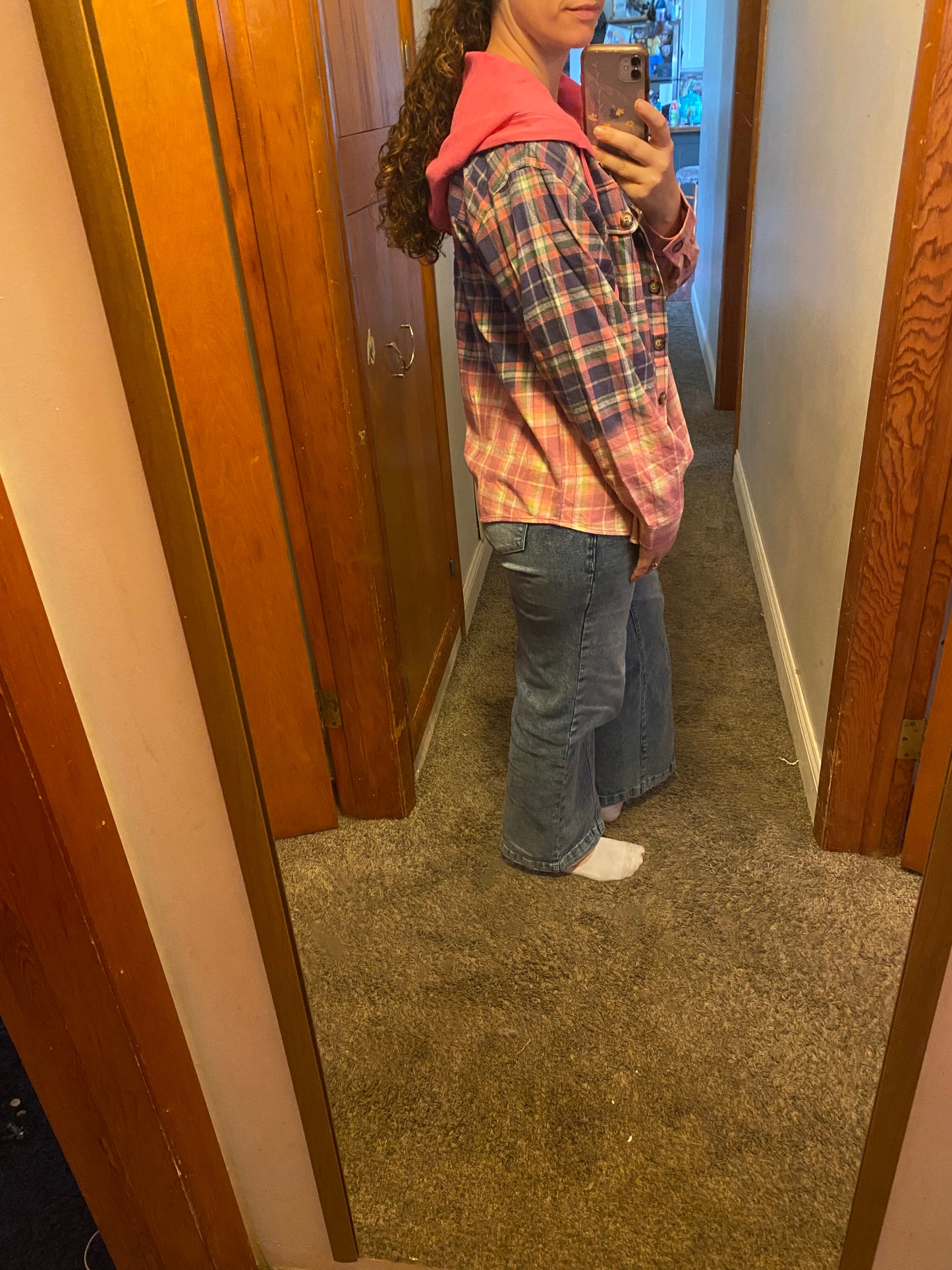 Pink Hooded Plaid Flannel INS