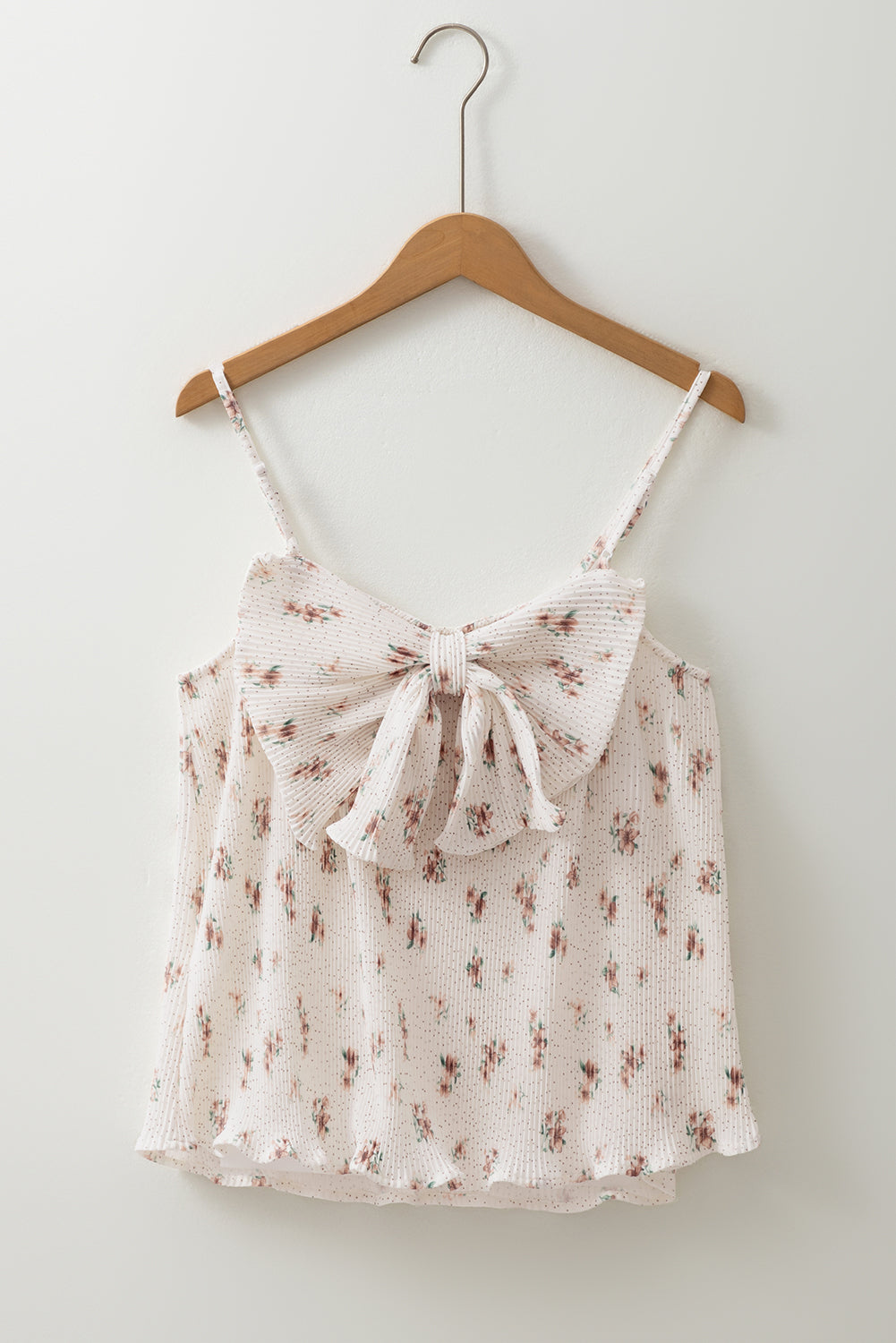 White Floral Pleated Tank With Bow On Back RTS