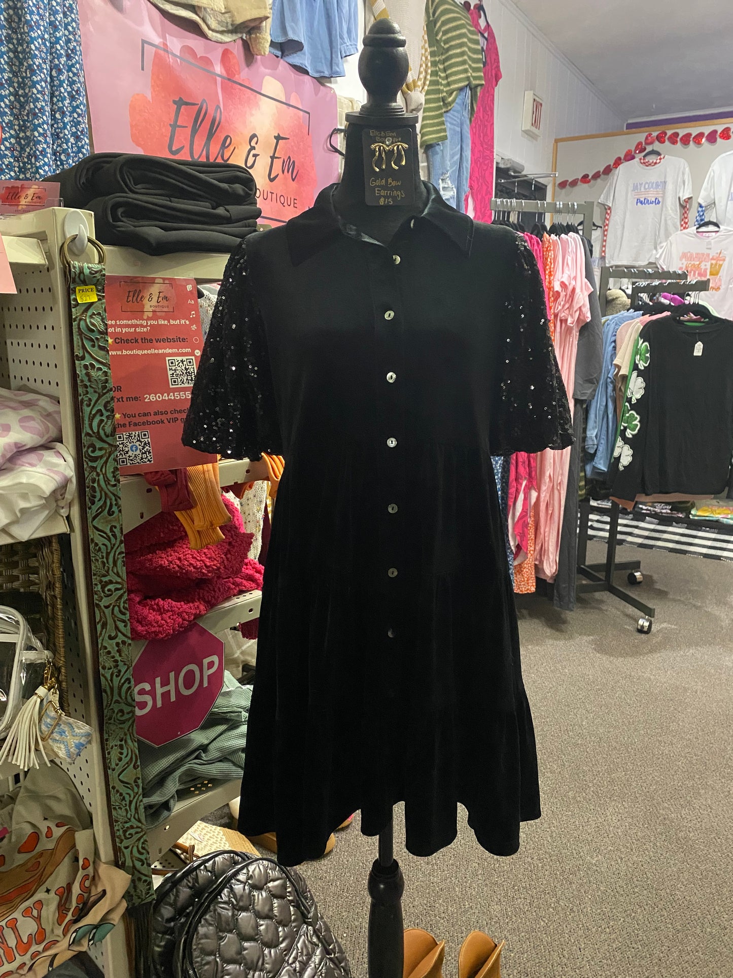 Black Velvet Sequin Puff Sleeve Dress INS