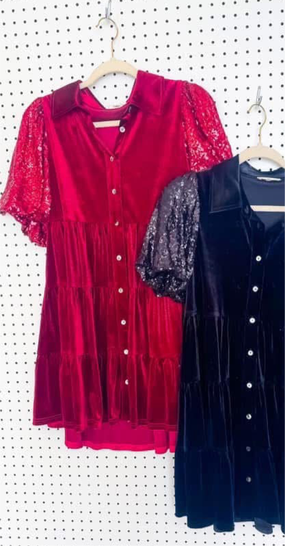 Red Velvet Sequin Puff Sleeve Dress INS