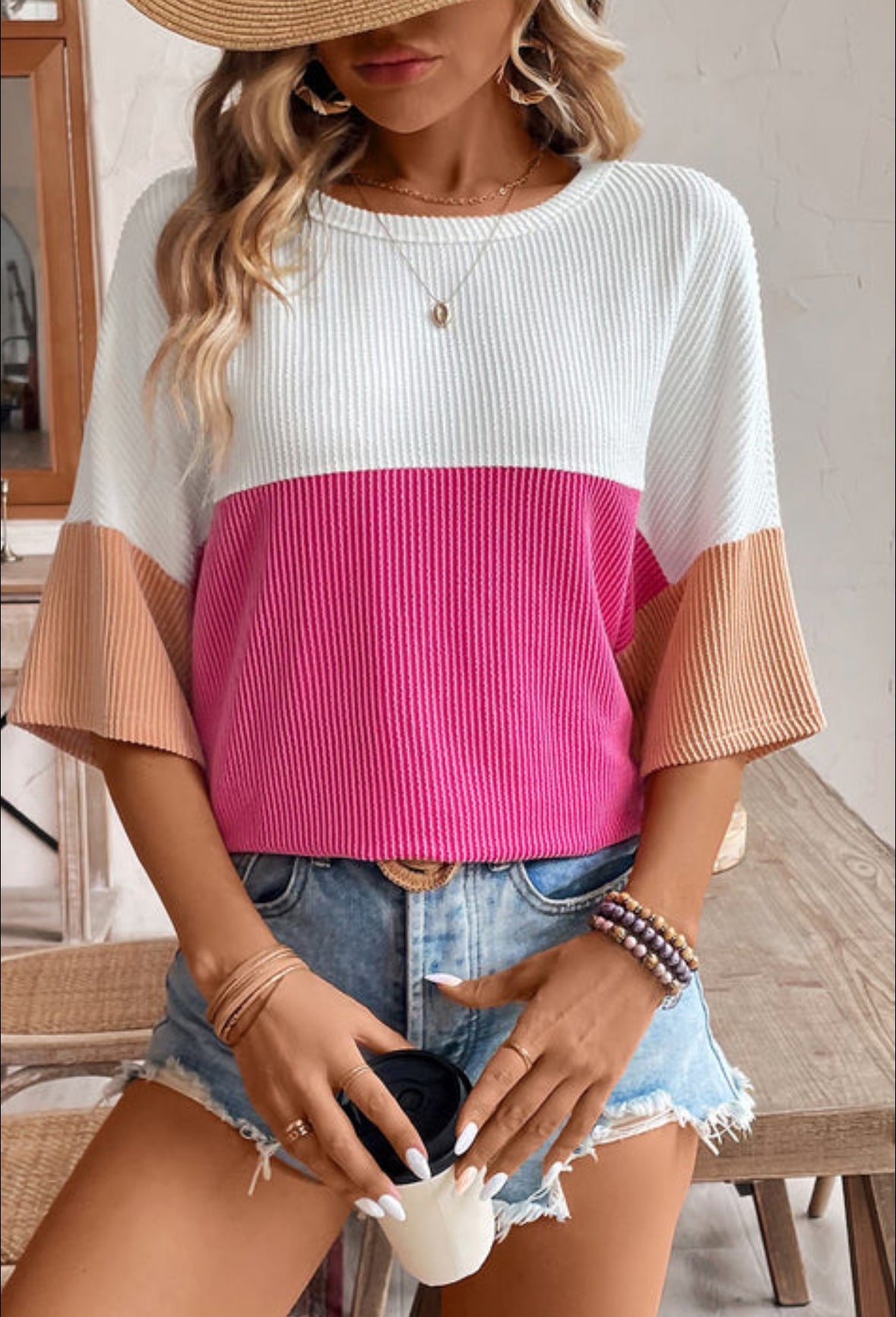 Pink Colorblock Corded Top INS