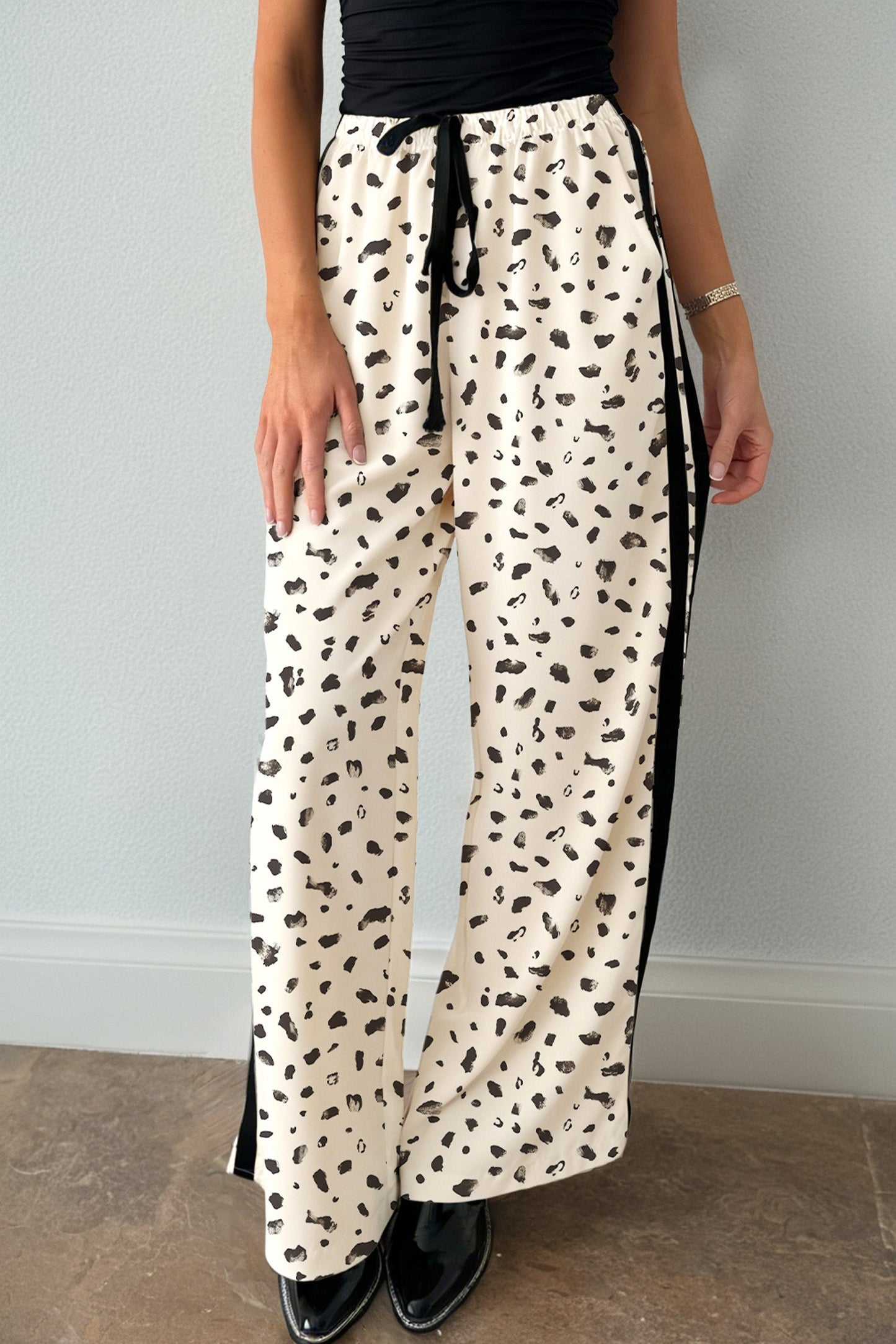 Beige Leopard Loose Drawstring Pants