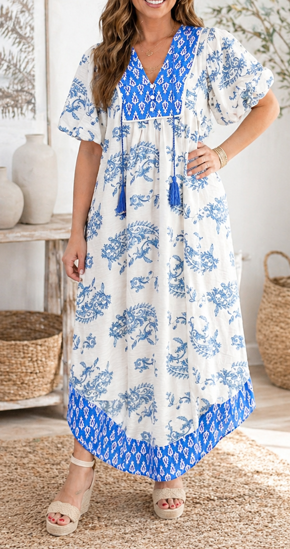 Blue Boho Patchwork Plus Size Midi