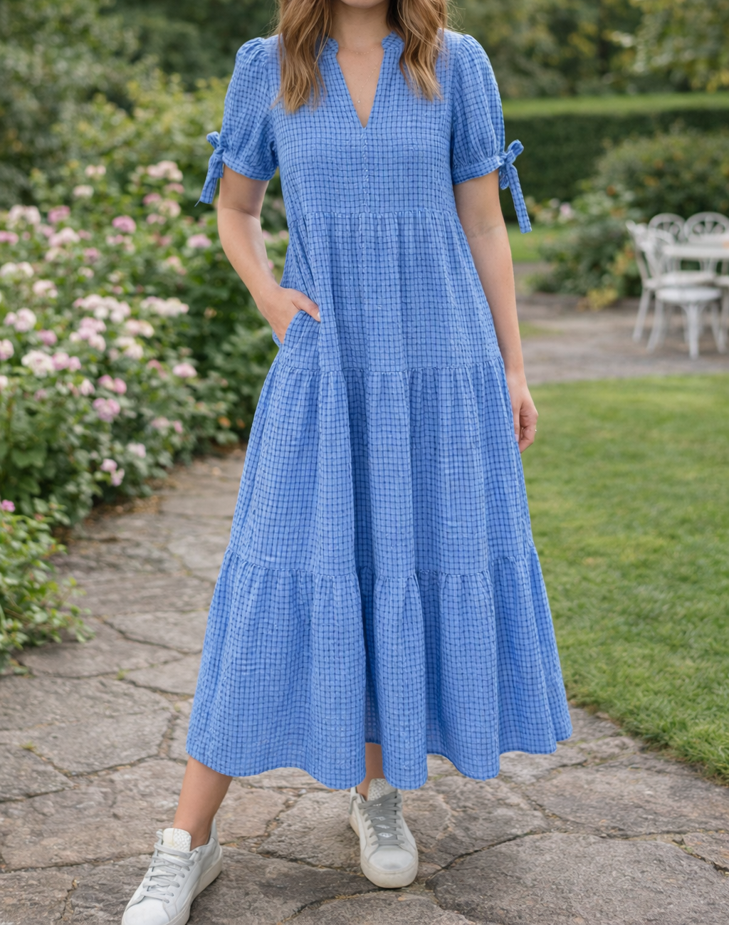 Blue Gingham Textured Dress FB