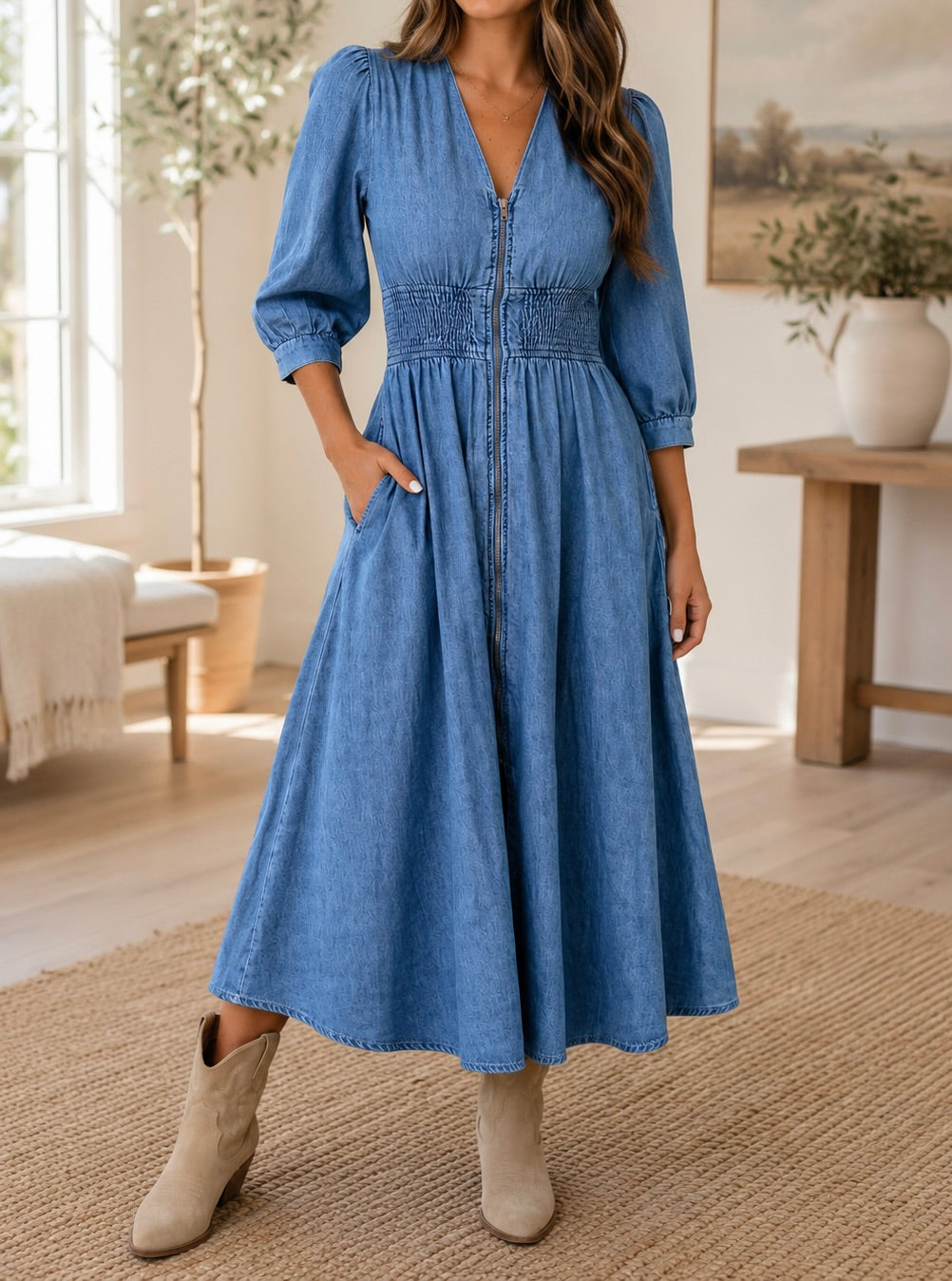 Blue Zipper Denim Dress