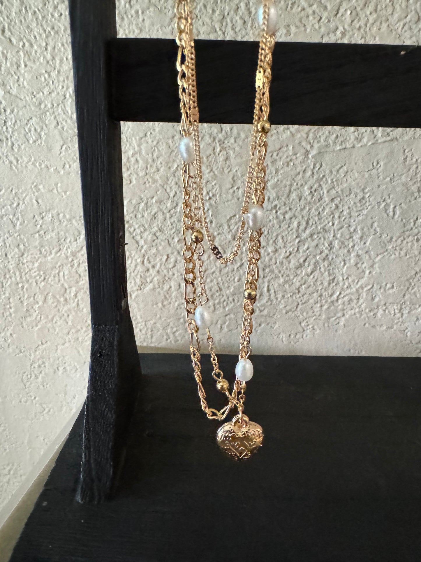 Gold Heart and Pearl Necklace Set INS