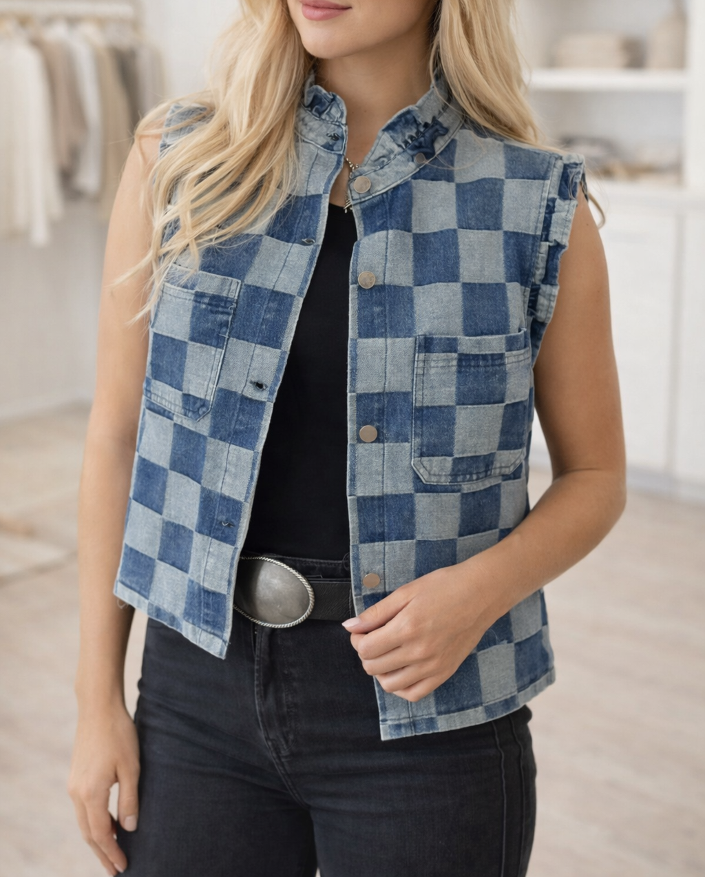 Checkered Denim Ruffle Vest LT