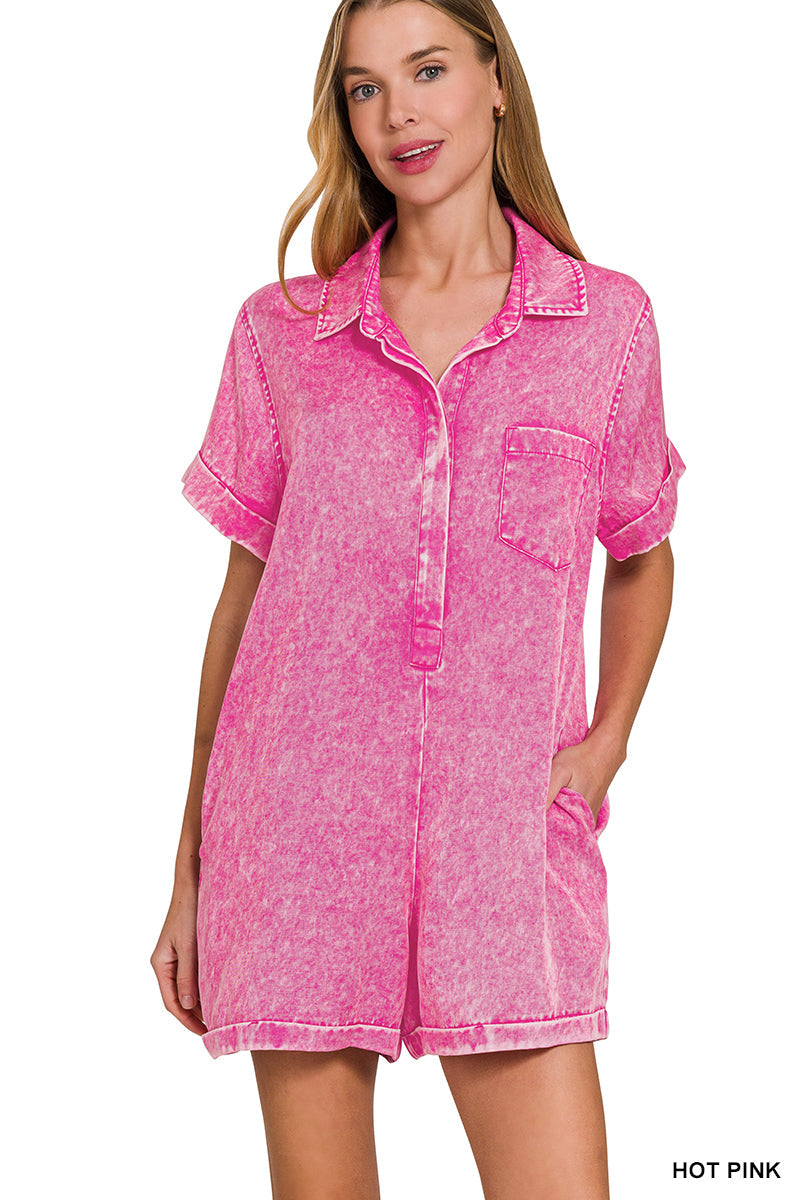 Mineral Wash Half Button Romper Zenana