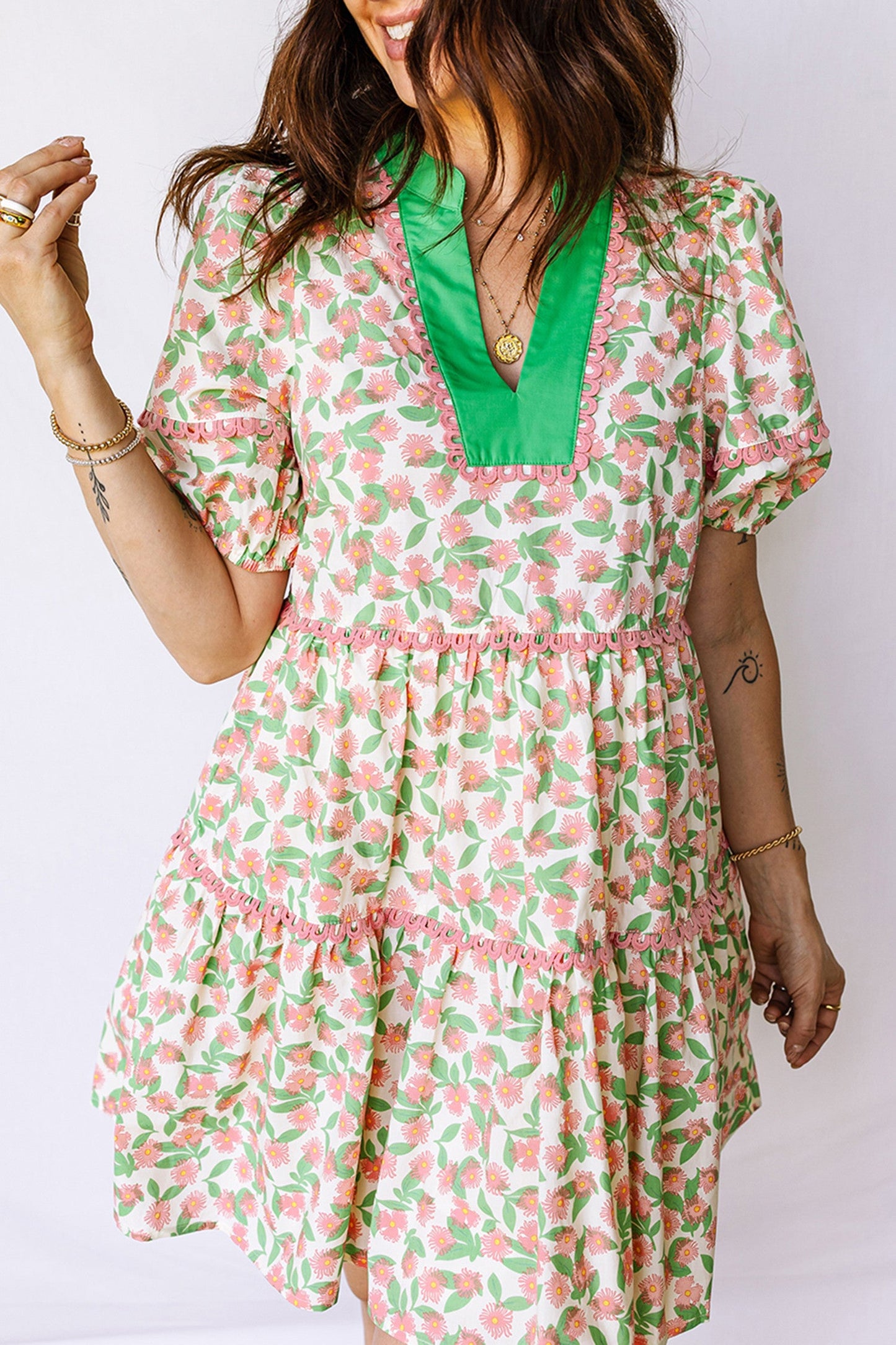Green Ricrac Trim Floral Dress FB