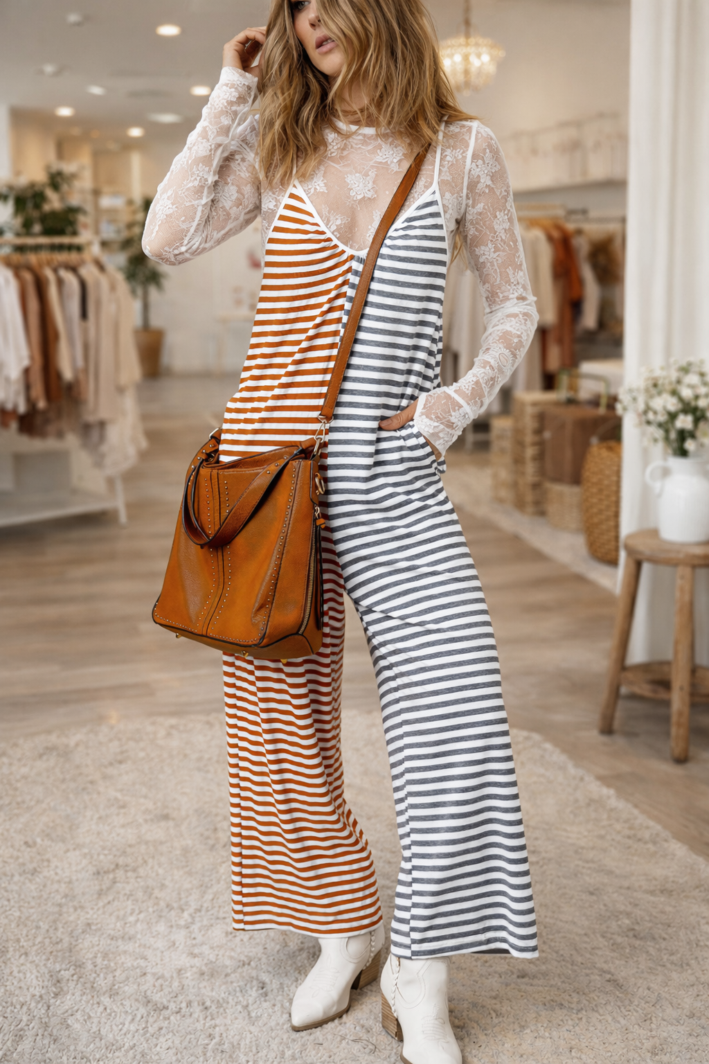 Stripe Two Tone Backless Overalls FB