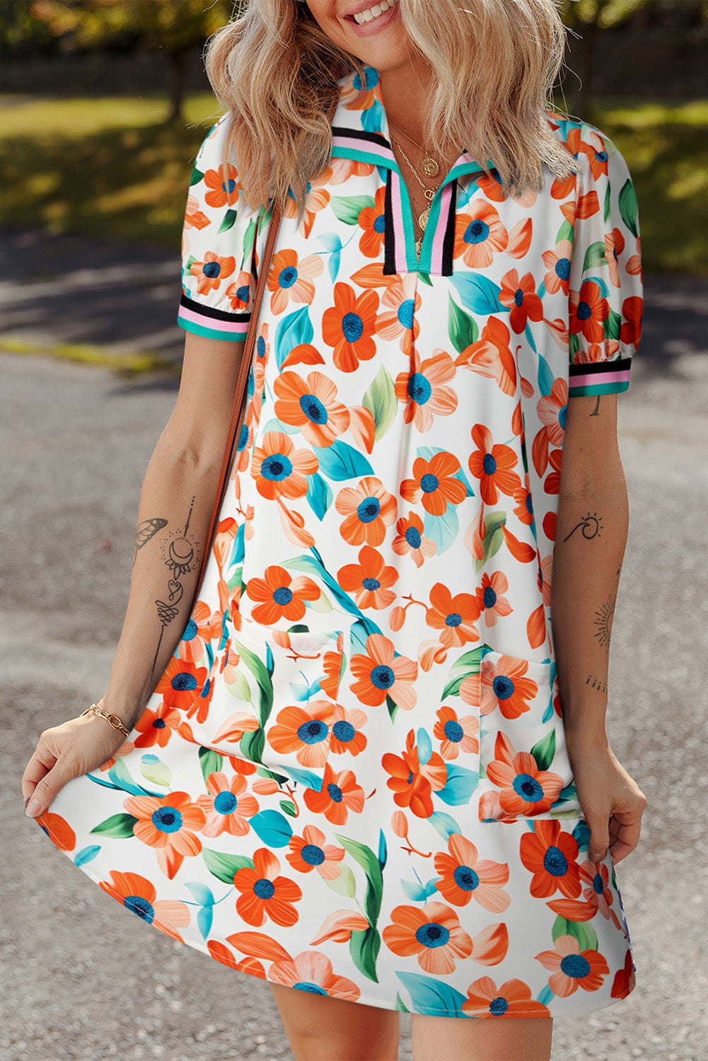 Orange Floral Contrast Trim Dress LT
