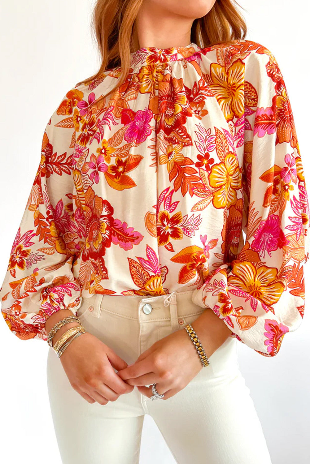 Orange Floral Pearl Puff Blouse FB