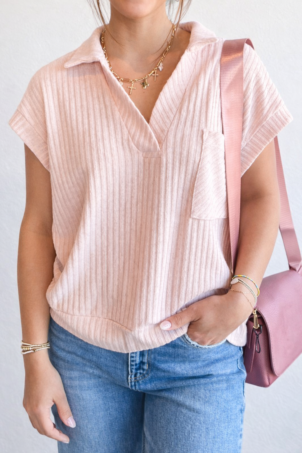 Pink Collared Ribbed Top LT