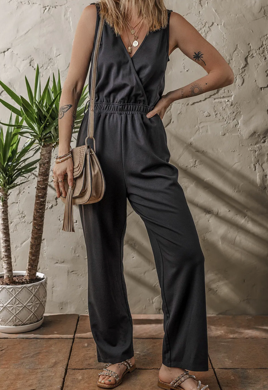 Black Wrap V Neck Sleeveless High Waist Jumpsuit RTS