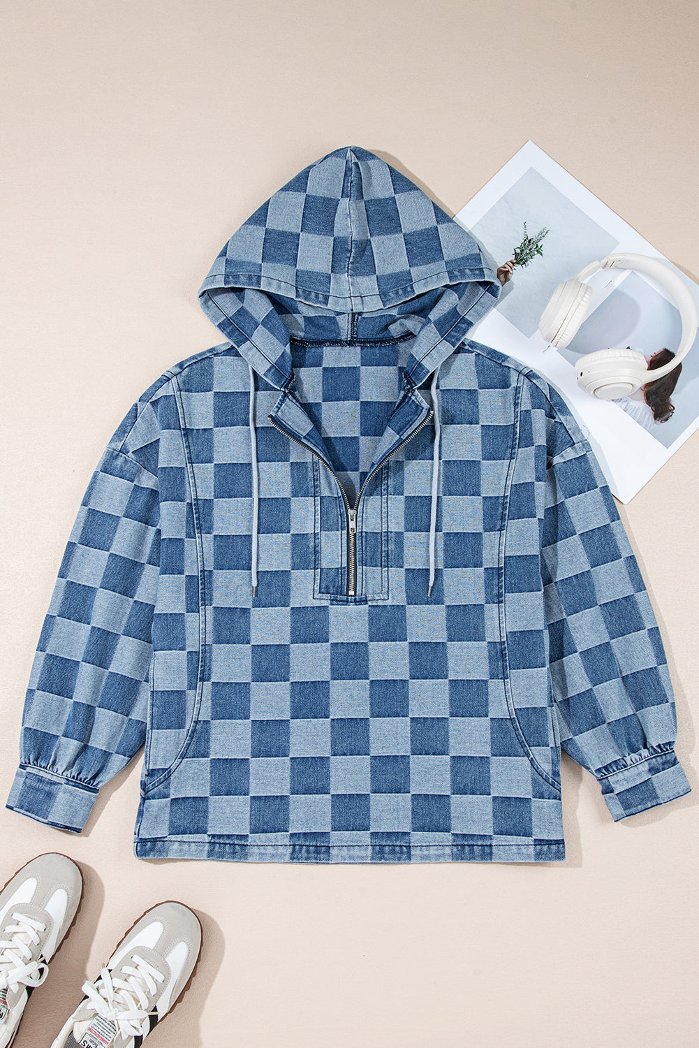 Blue Checkered Denim Hoodie LT