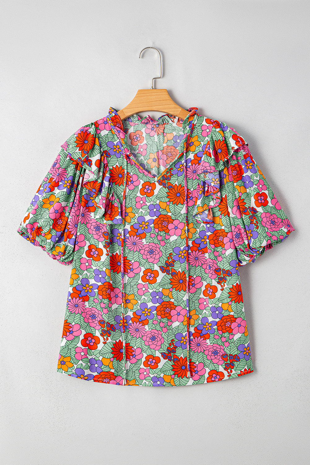 Red Floral Puff Sleeve Blouse LT