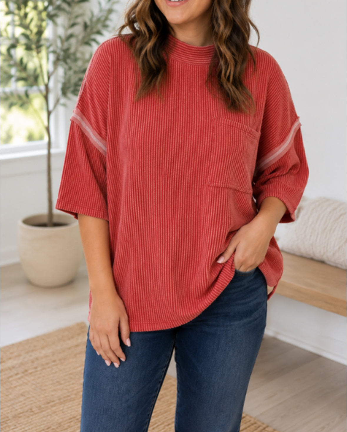Red Ribbed Plus Blouse (Pre-Order)