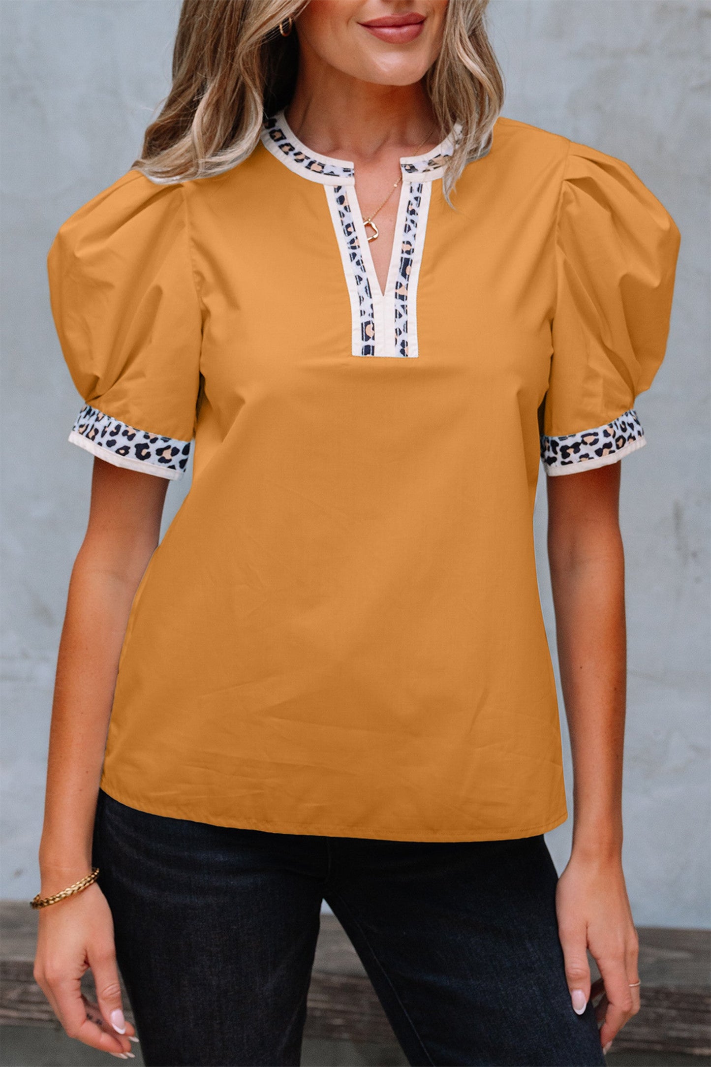 Leopard Trim Puff Blouse FB