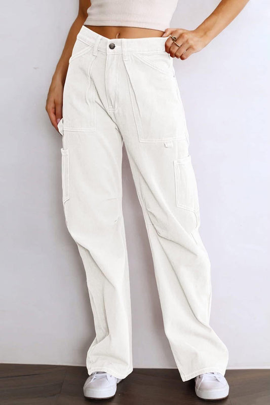 White Straight Leg Cargo Pants (Pre-order)