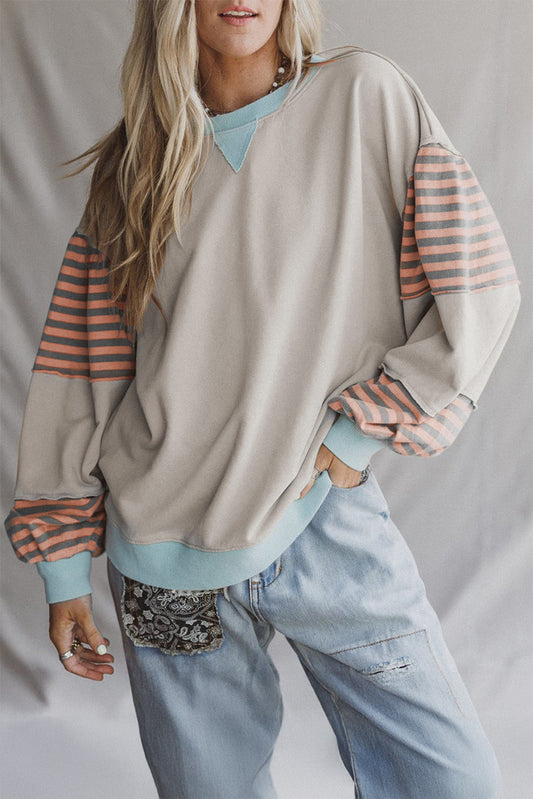 Beige Stripe Colorblock Sweatshirt LT