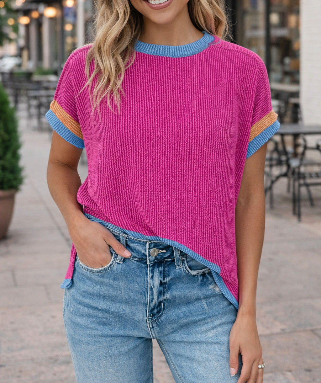 Pink Textured Round Neck Top FB