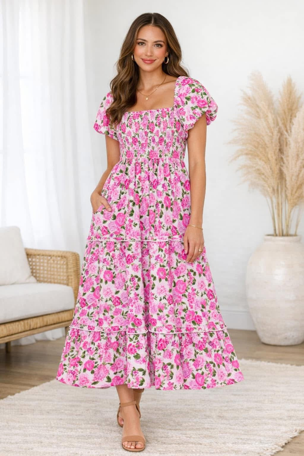 Pink Floral Puff Sleeve Maxi (Pre-Order)
