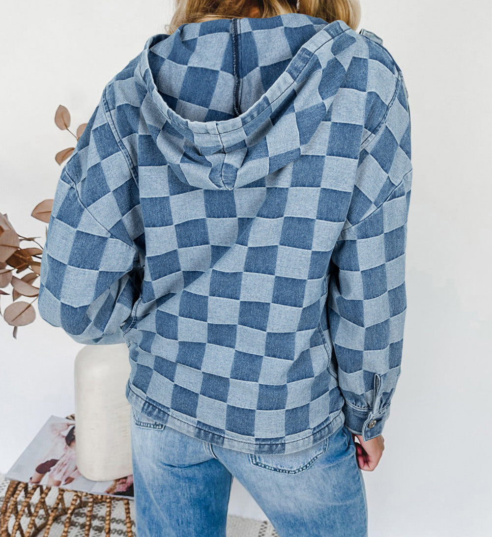 Blue Checkered Denim Hoodie LT