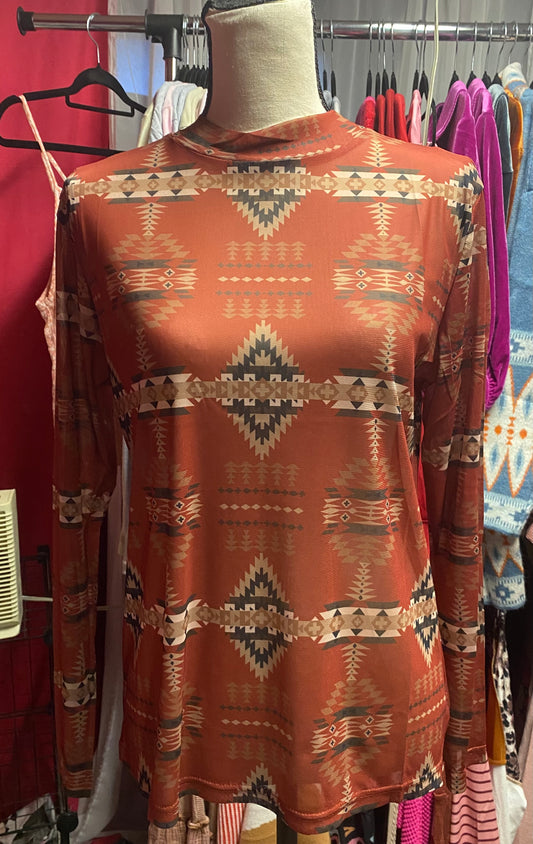 Red Aztec sheer long sleeve INS