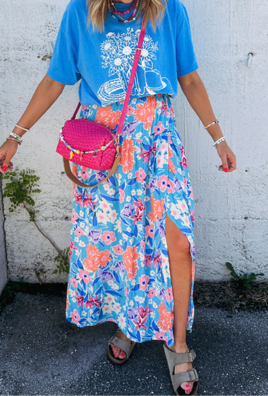 Blue Floral Split Wrap Skirt INS