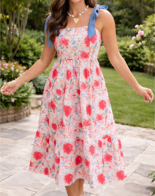 Red Floral Denim Knot Dress INS