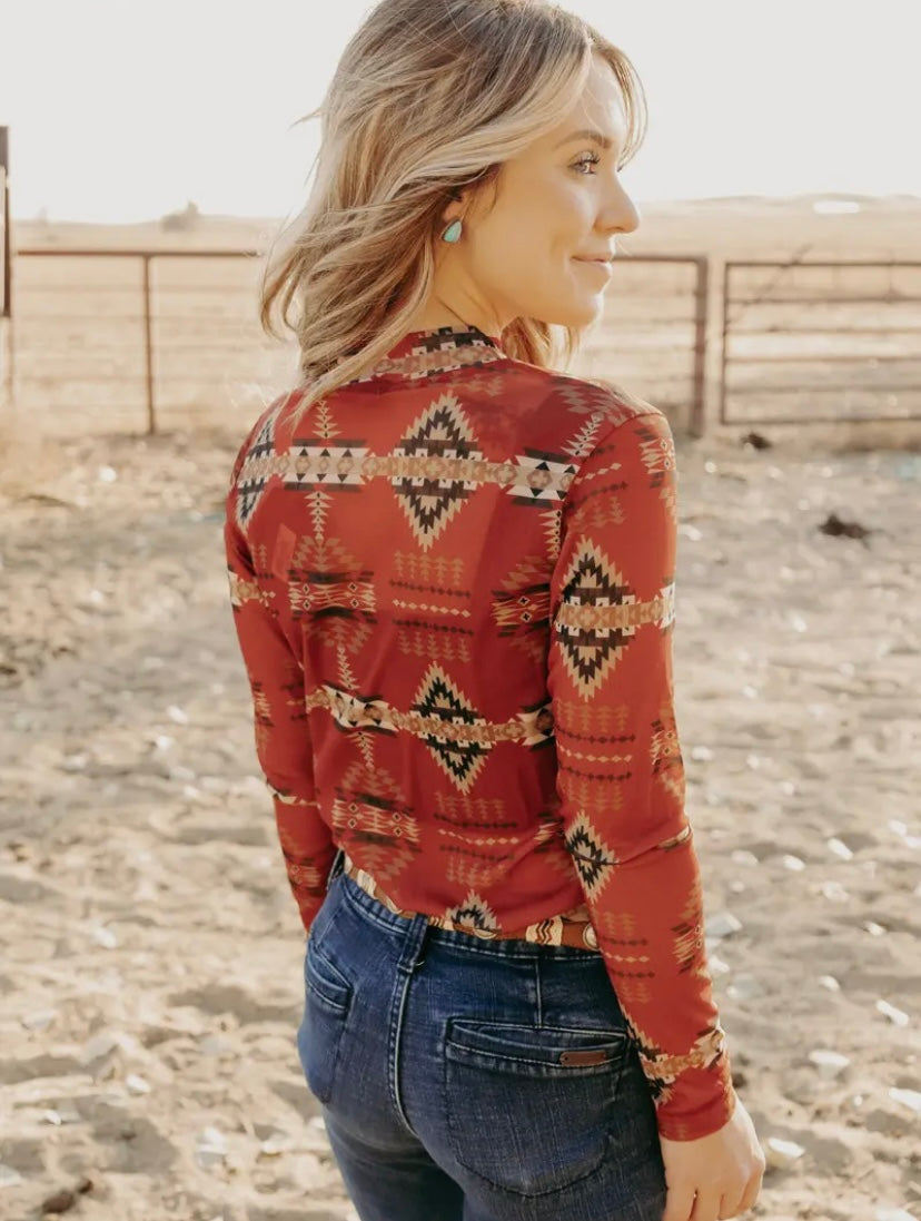 Red Aztec sheer long sleeve INS