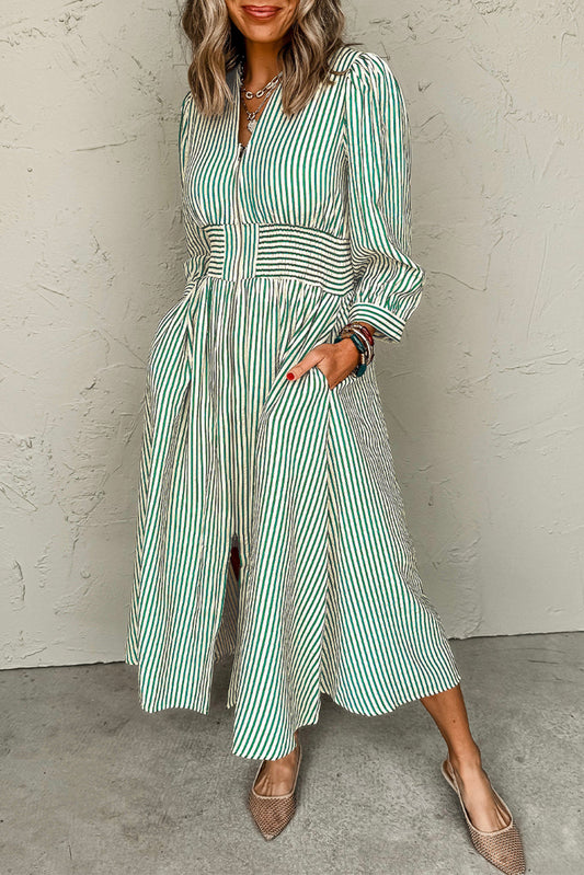 Green Stripe Cinched Midi Dress LT