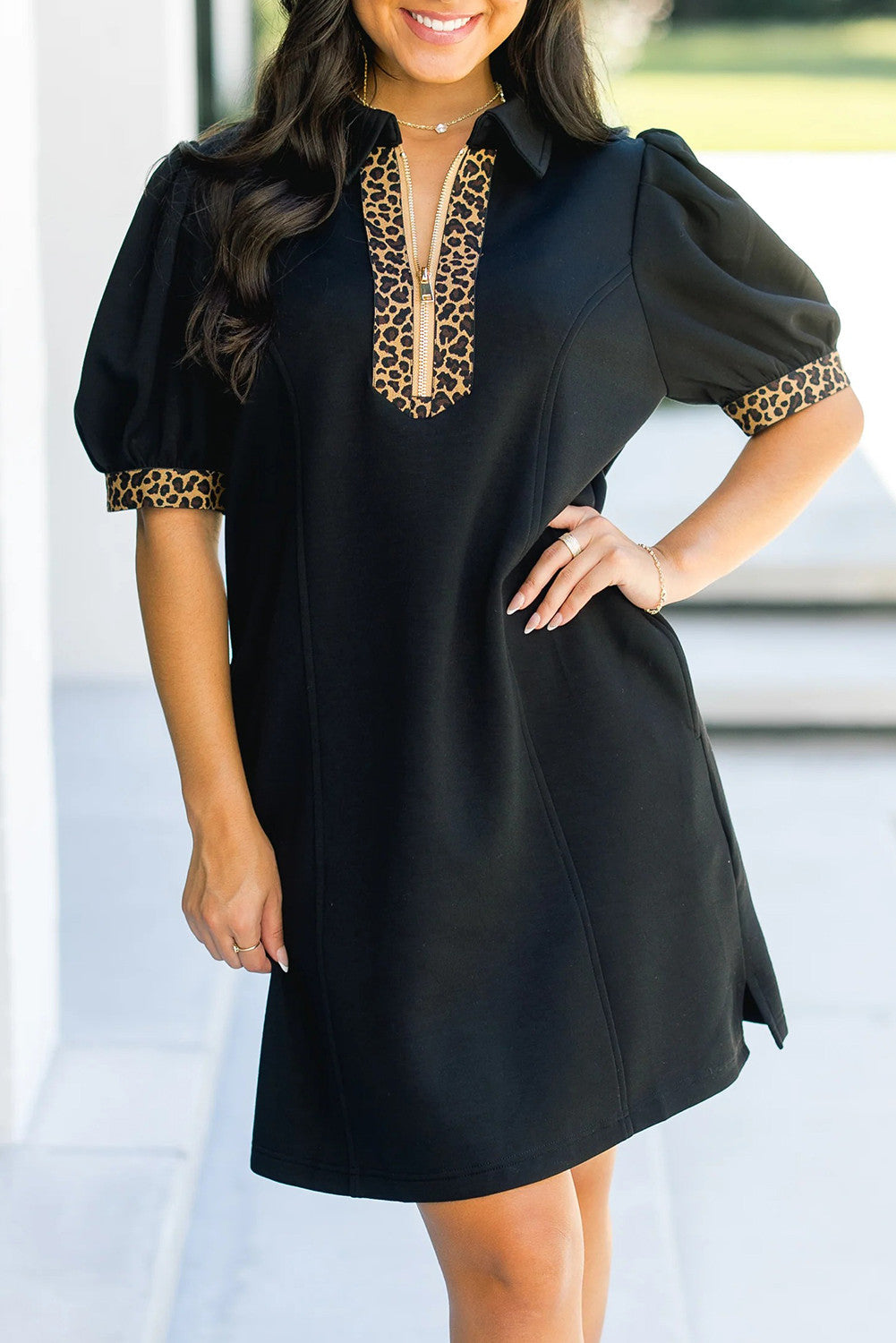 Leopard Patchwork Quarter Zip Mini Dress