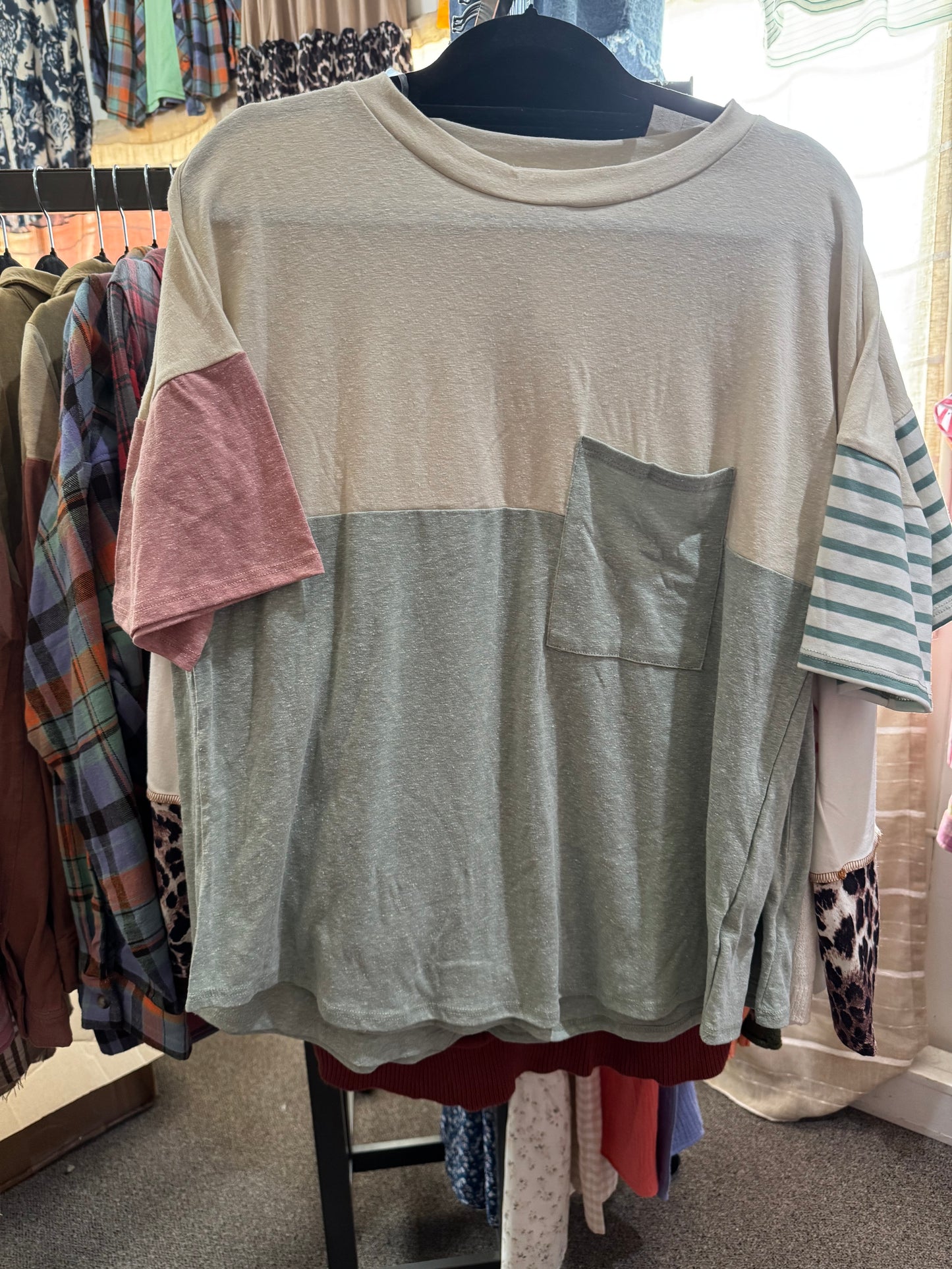 Sage Stripe Sleeve Pocket Top INS