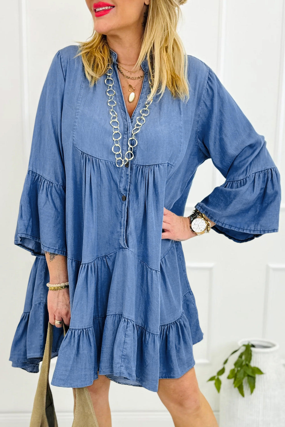 Blue Chambray Ruffled Dress FB