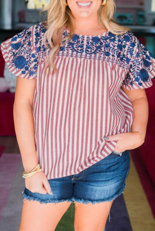 Plus Size Embroidered Red Striped Blouse INS