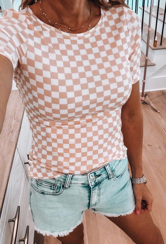 Peach Checkered Ribbed Tee INS