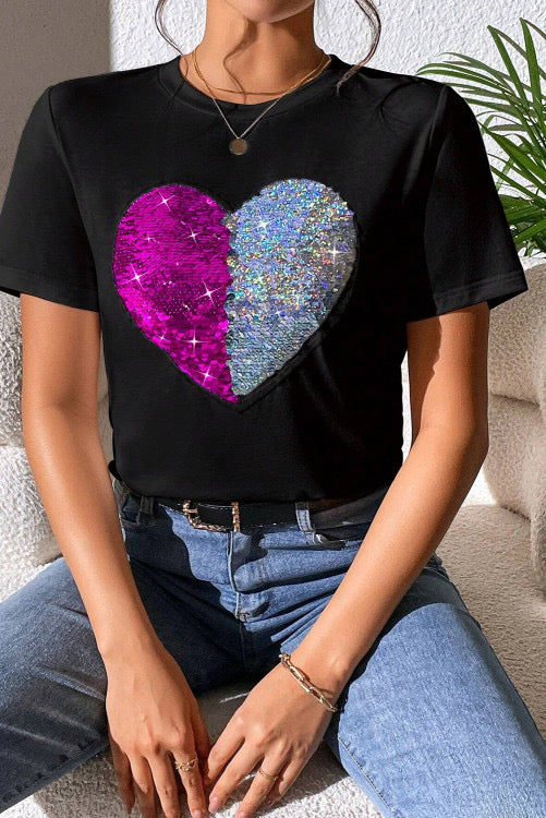 Black Two Toned Sequin Heart Top INS