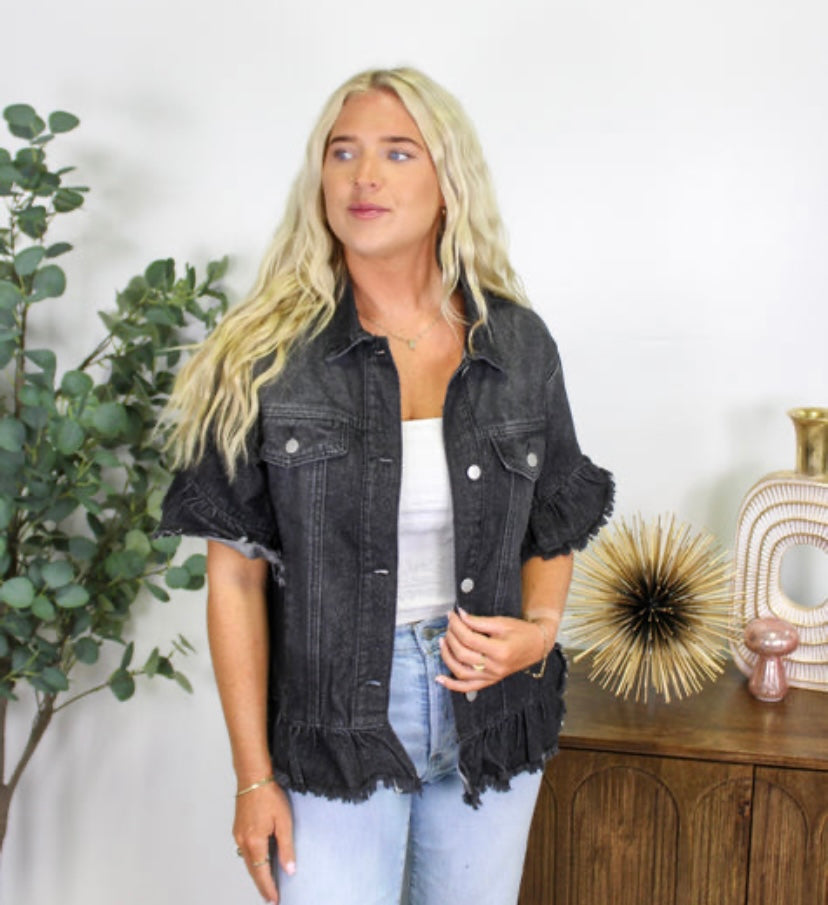 Black Ruffle Denim Jacket INS