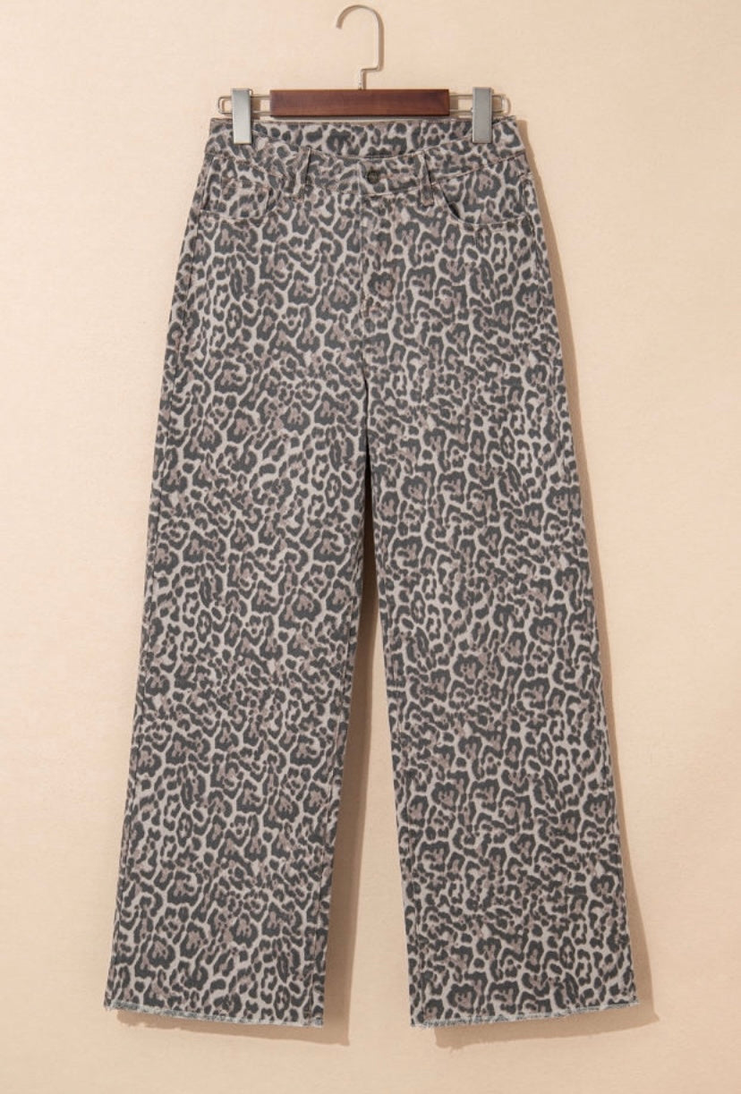 Leopard Frayed High Waist Jeans (Pre-order)