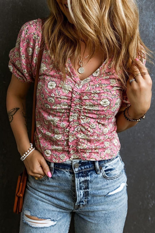 Pink floral ruched blouse