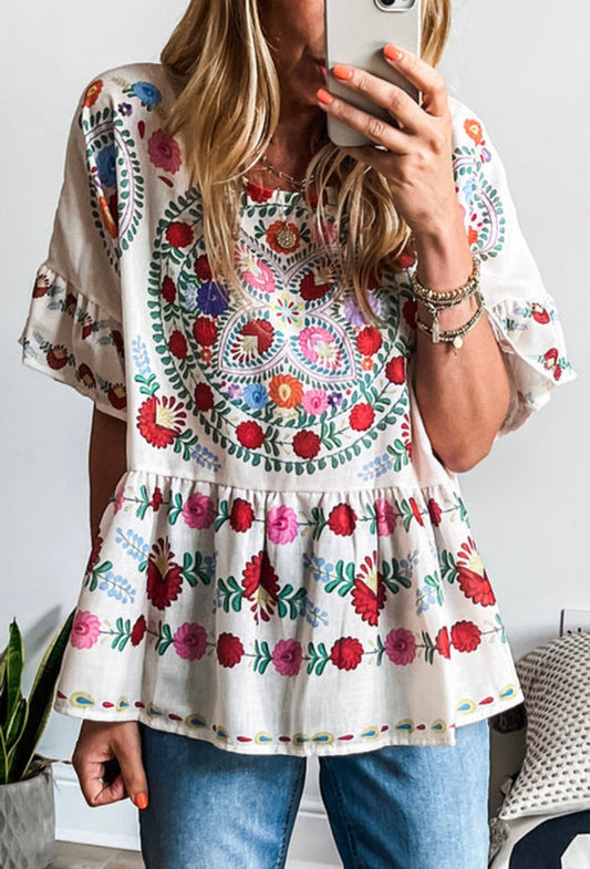 White Boho Floral Blouse INS