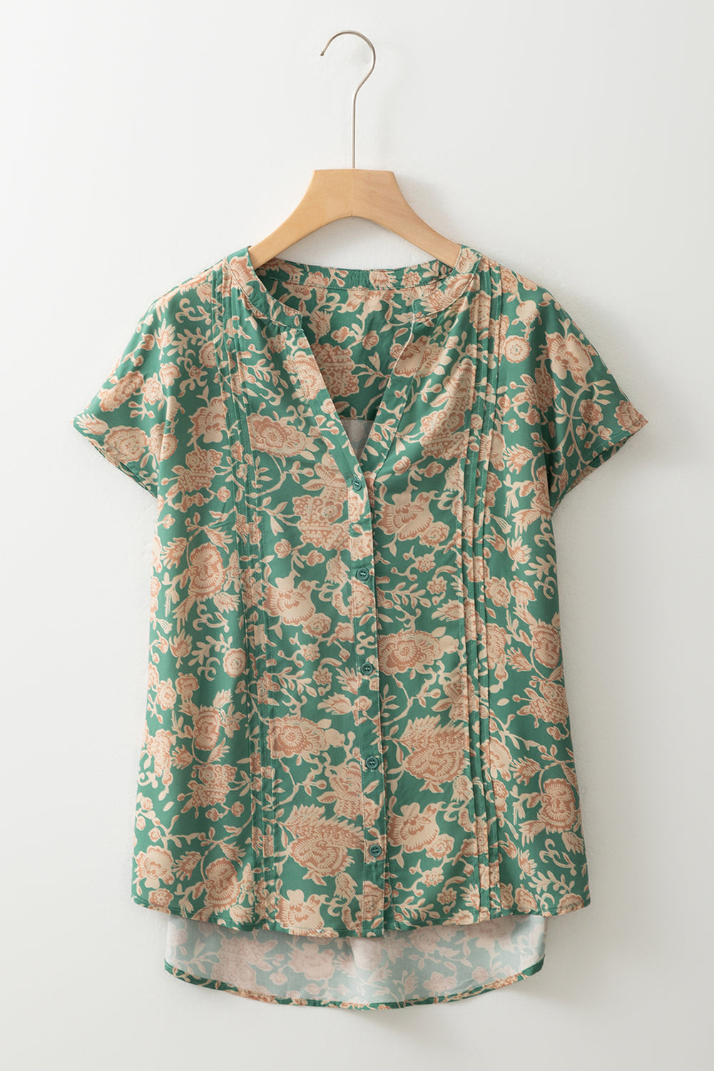 Green Floral Pleated Button Blouse LT