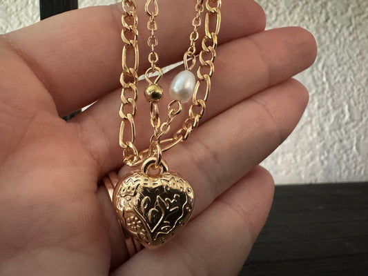 Gold Heart and Pearl Necklace Set INS