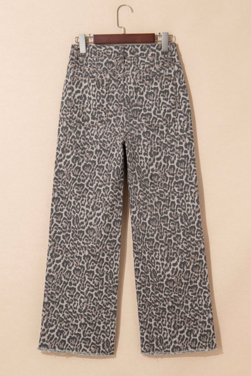 Leopard Frayed High Waist Jeans (Pre-order)