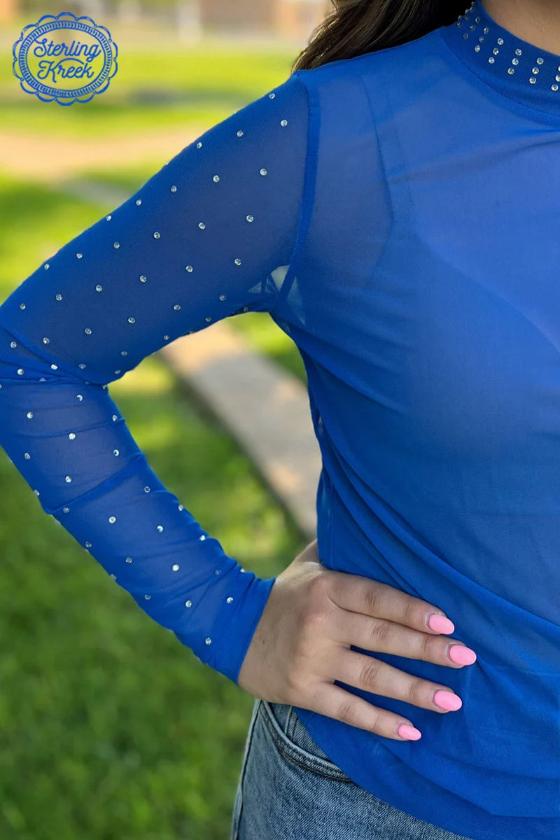 Blue Rhinestone Mesh Top INS