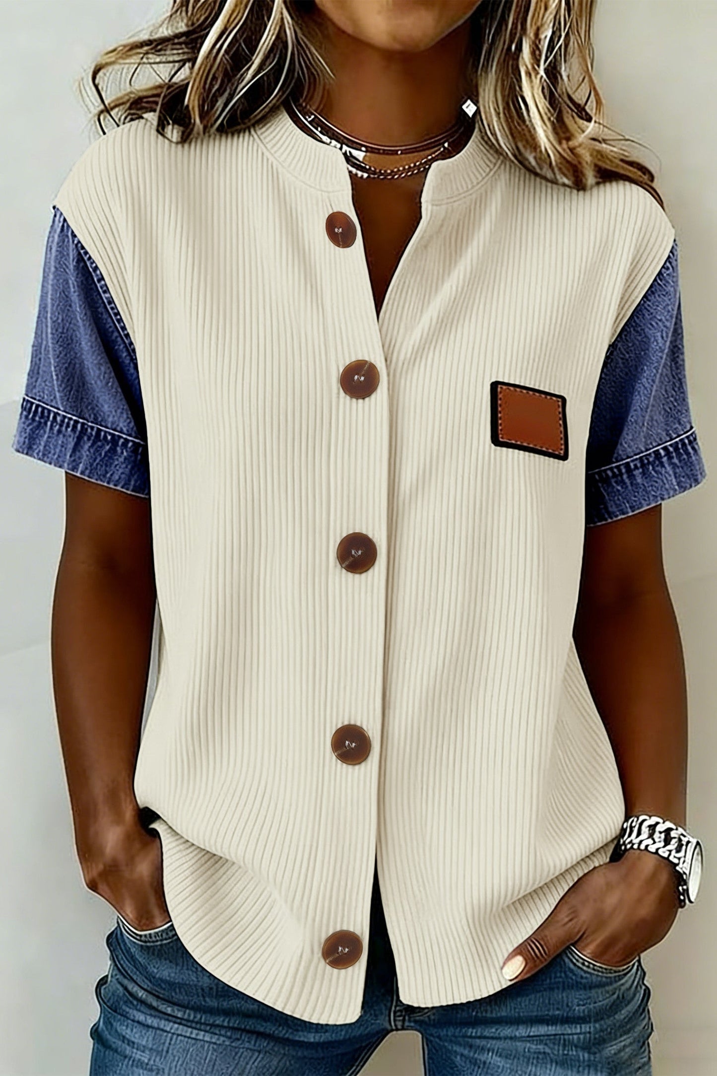 Beige Denim Ribbed Top